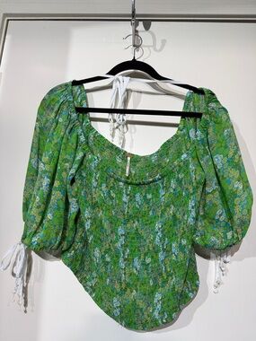 Free People Green Floral Smocked Peasant Blouse